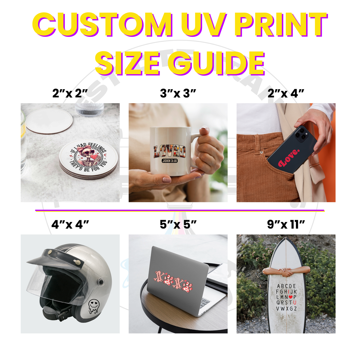 Custom UV print size guide with various items and dimensions.